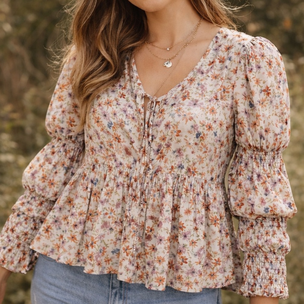 Passport Boho Blouse Top Womens XL Floral Ruched Sleeve‎ Peplum Peasant Prairie